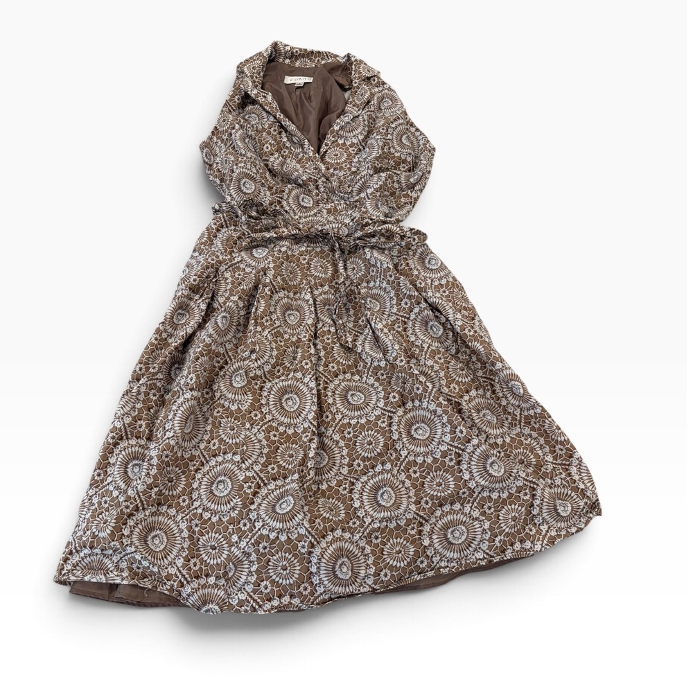 Kasper Womens Brown White Medallion Lace Sleeveless Wrap A-Line Midi Dress 6